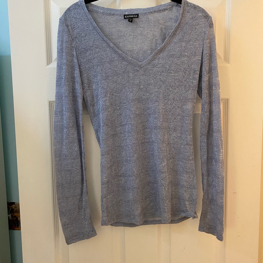 Express Metallic Long Sleeve Tee — Light Blue/Grey